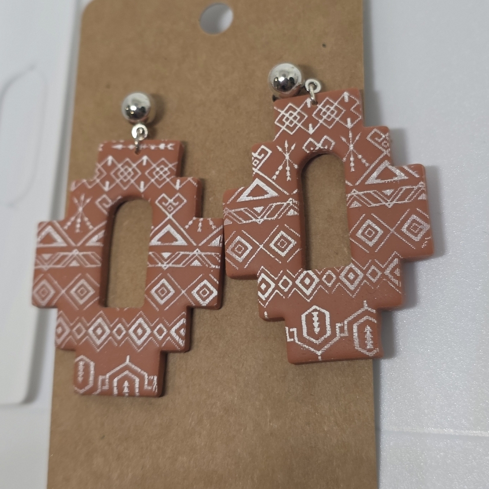 Handmade Geometric Patterned Clay Earrings with Silver Accents - Picture 2 of 2